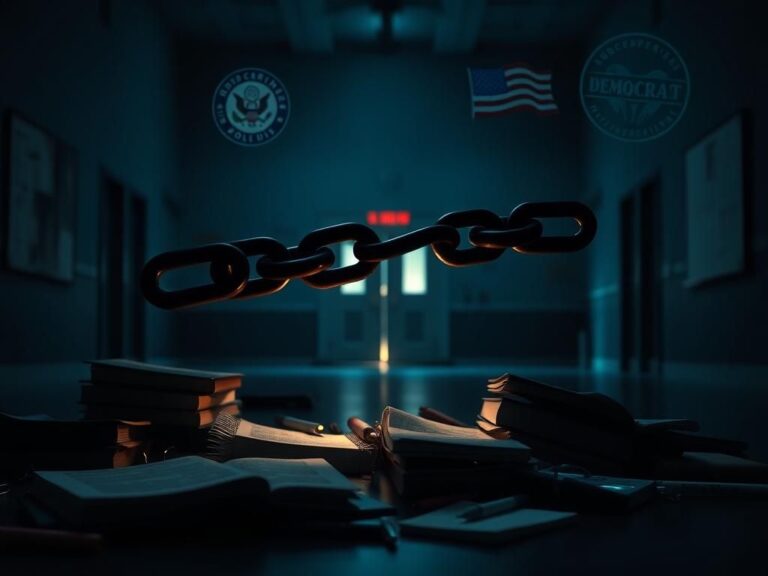 Flick International A broken chain symbolizing the separation between teachers' unions and their political affiliations, against a dimly lit school backdrop.