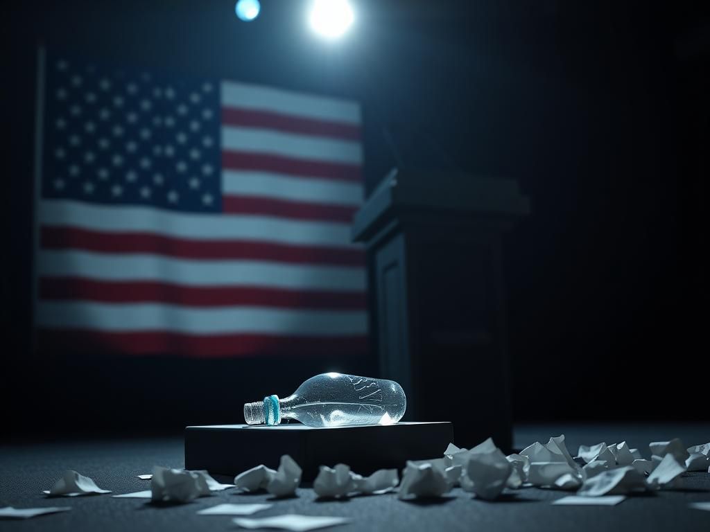 Flick International Dimly lit debate stage with a podium and discarded water bottle, symbolizing political tension