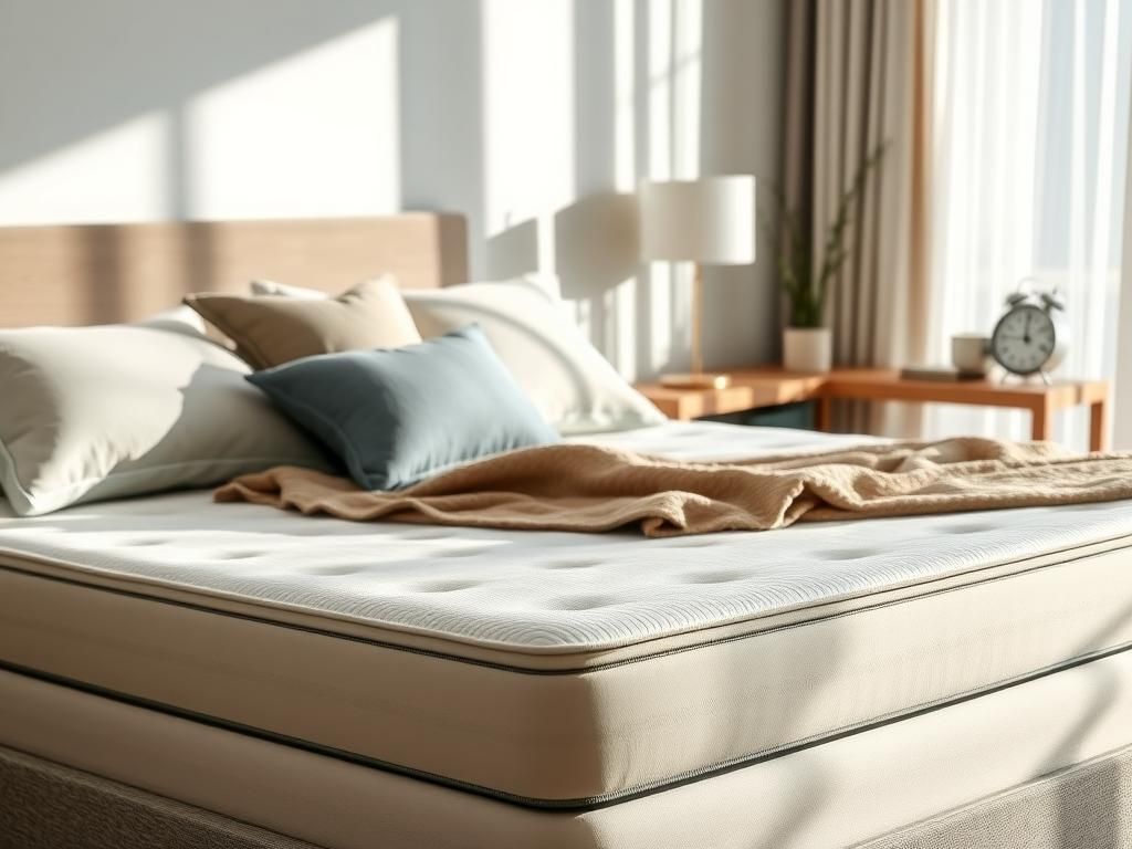 Flick International Serene bedroom scene featuring a plush, gel-infused memory foam mattress adorned with decorative pillows and a warm throw blanket.