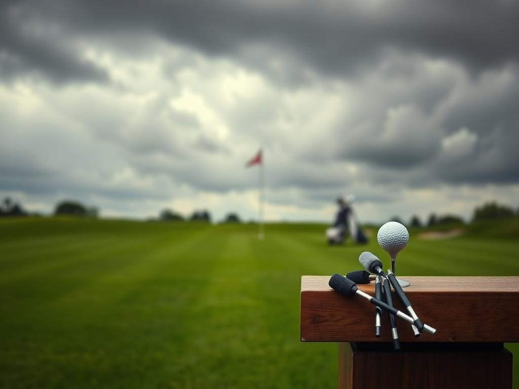 Flick International Tense golf scene with a blurred tee box and microphone flags at a press conference