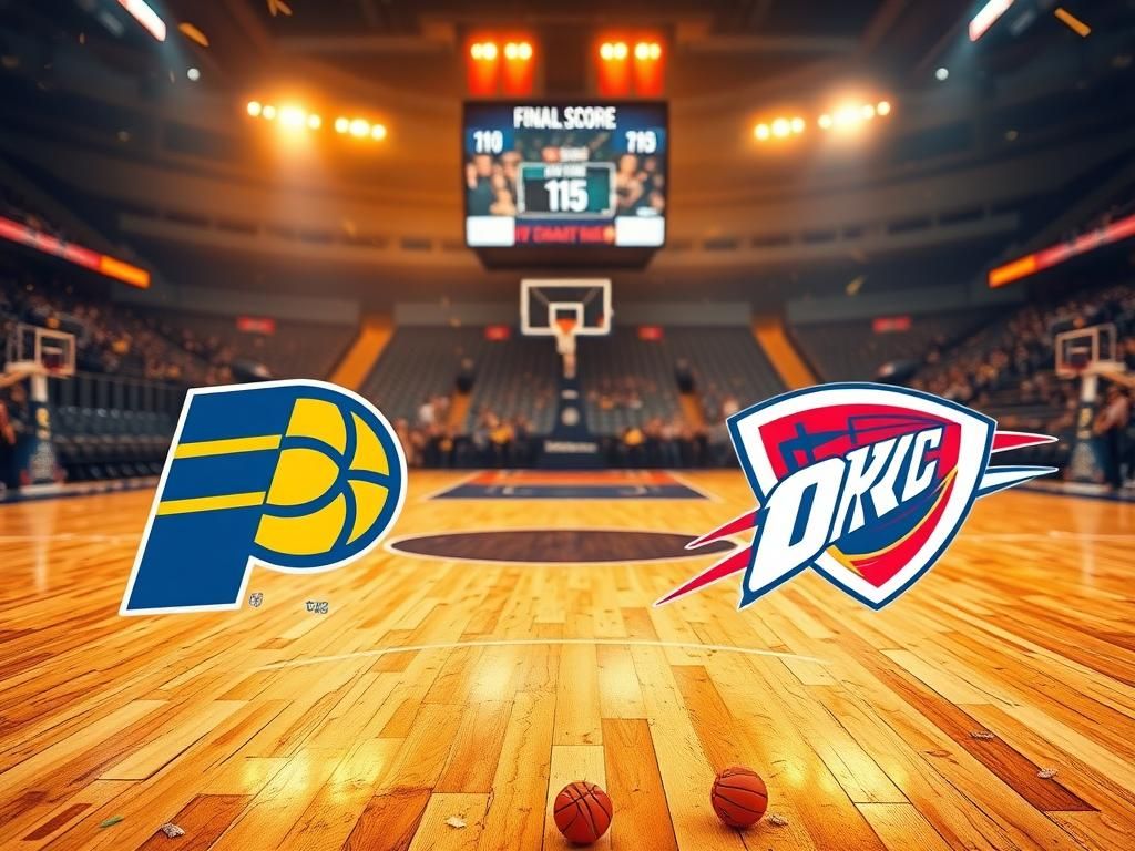 Flick International A dramatic basketball court scene with Oklahoma City Thunder and Indiana Pacers logos, showing signs of intense play.