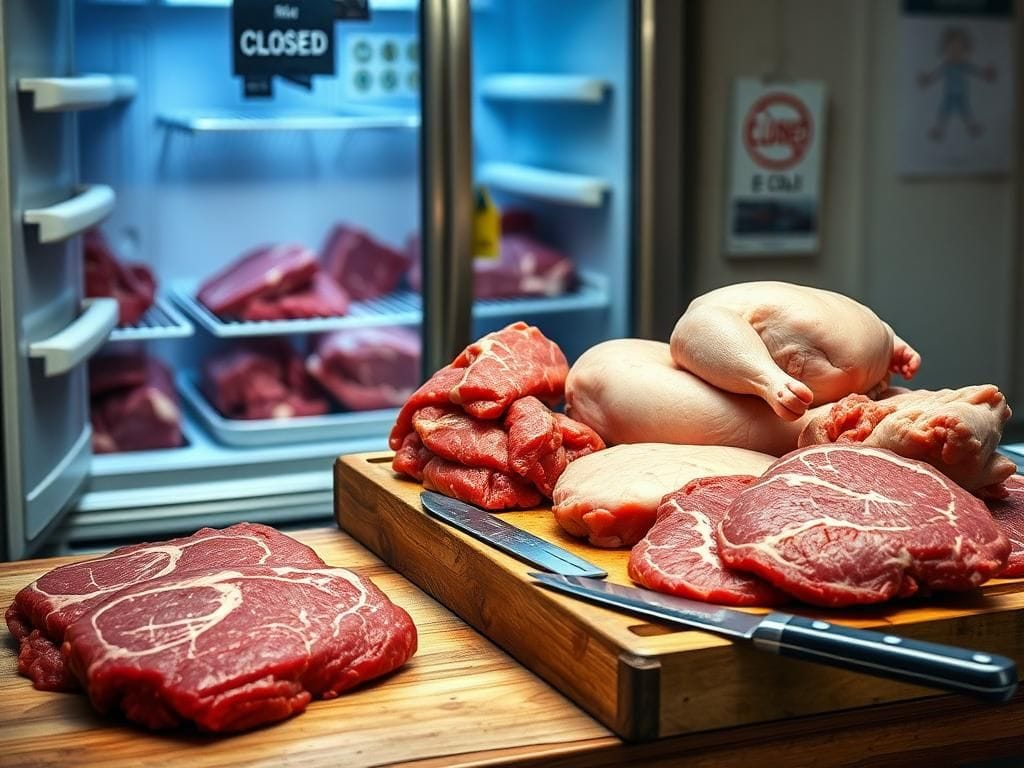 Flick International A still life composition featuring a butcher shop scene with raw meats and caution signs against E. coli contamination