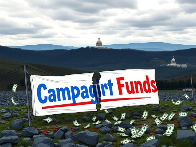 Flick International A symbolic representation of the political landscape in Kentucky featuring a broken campaign banner amidst dollar bills and Capitol silhouettes