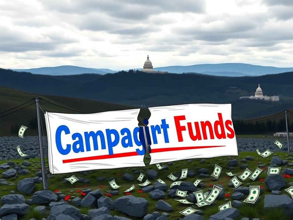 Flick International A symbolic representation of the political landscape in Kentucky featuring a broken campaign banner amidst dollar bills and Capitol silhouettes