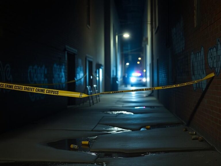 Flick International Dimly lit urban alley in Milwaukee with police barriers and crime scene tape