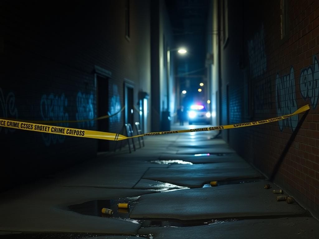 Flick International Dimly lit urban alley in Milwaukee with police barriers and crime scene tape