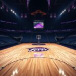 Flick International Empty basketball court at Indiana Fever's home arena with bright lights and team logo