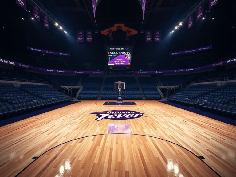 Flick International Empty basketball court at Indiana Fever's home arena with bright lights and team logo