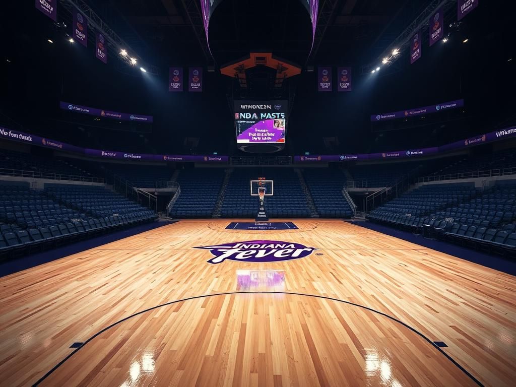 Flick International Empty basketball court at Indiana Fever's home arena with bright lights and team logo
