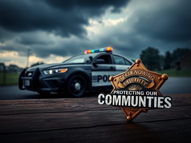 Flick International Sheriff's badge symbolizing authority and duty on a wooden table with blurred police cruiser in background