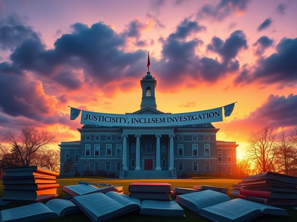 Flick International Symbolic representation of a university campus with a large building and diversity banners during sunset
