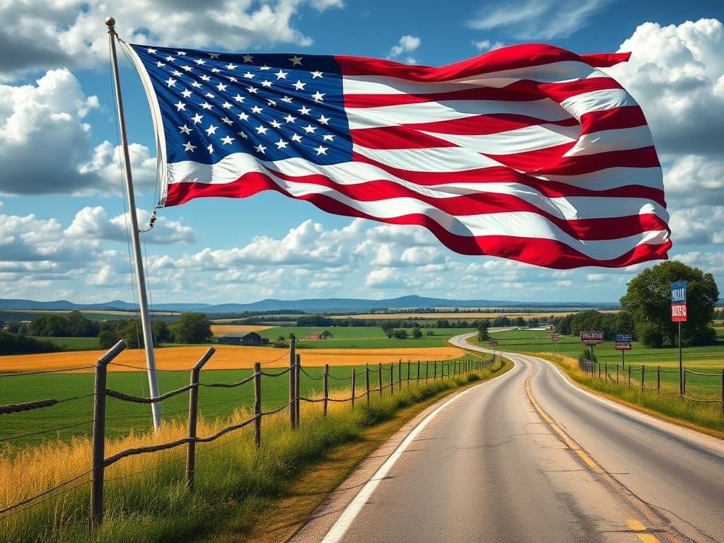 Flick International Dynamic Kentucky landscape featuring a massive American flag billowing in the wind against rolling hills and farmland