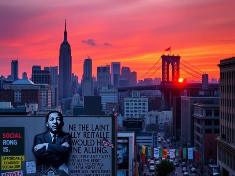 Flick International Vibrant sunset cityscape of New York City featuring Martin Luther King Jr. mural, advocating for social justice.