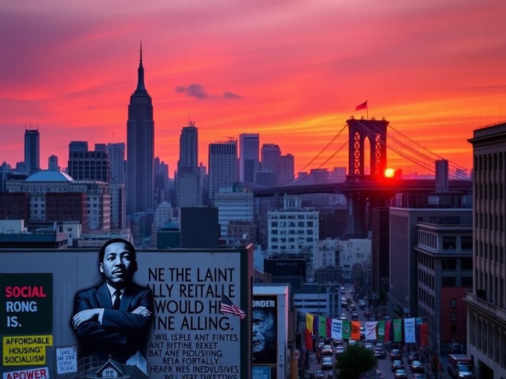 Flick International Vibrant sunset cityscape of New York City featuring Martin Luther King Jr. mural, advocating for social justice.