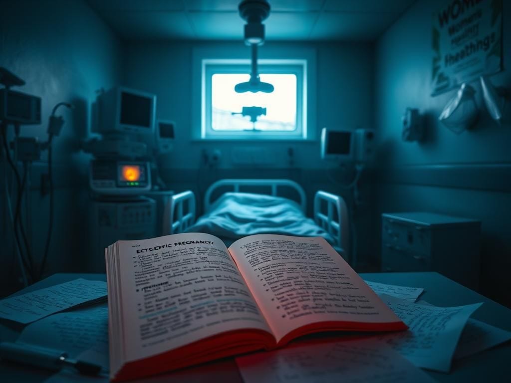 Flick International Dimly lit hospital room symbolizing urgency with medical equipment for ectopic pregnancy care