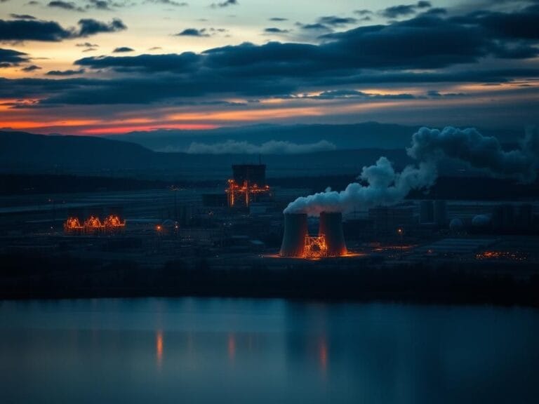 Flick International Aerial view of a damaged nuclear facility with cooling towers and smoke rising