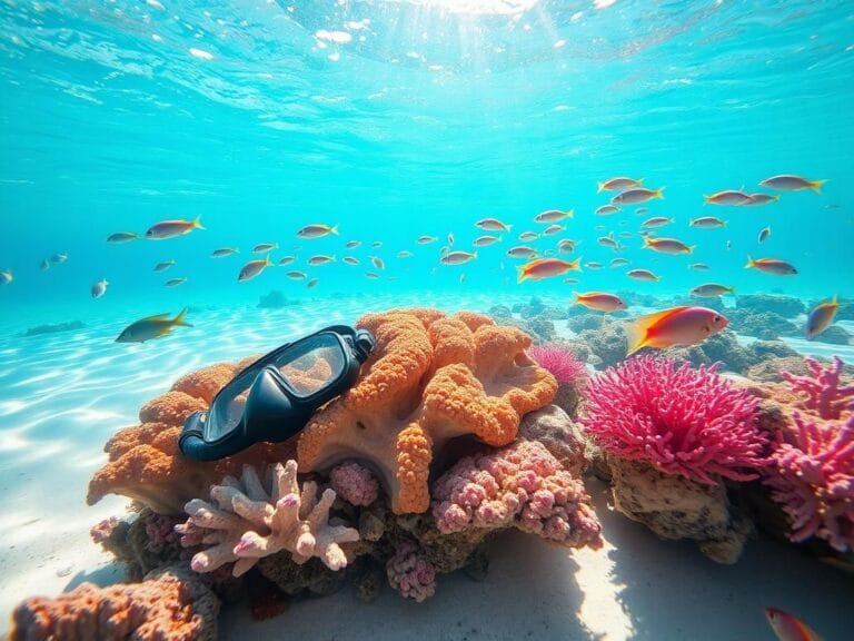 Flick International Vibrant coral reef in clear waters of Turks and Caicos with snorkeling gear resting on the coral