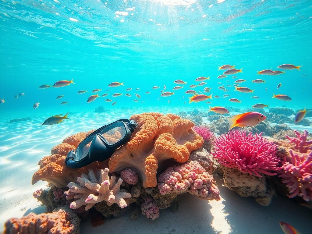 Flick International Vibrant coral reef in clear waters of Turks and Caicos with snorkeling gear resting on the coral