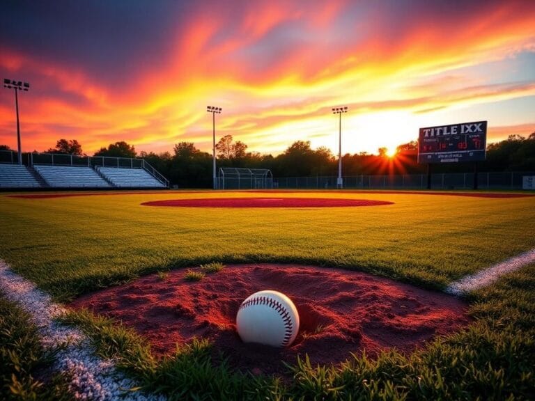 Flick International High school softball field at sunset with a pitcher mound and a softball