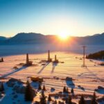 Flick International Alaskan landscape at sunrise with oil drilling equipment in the foreground
