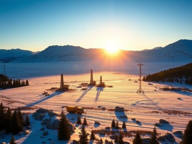 Flick International Alaskan landscape at sunrise with oil drilling equipment in the foreground