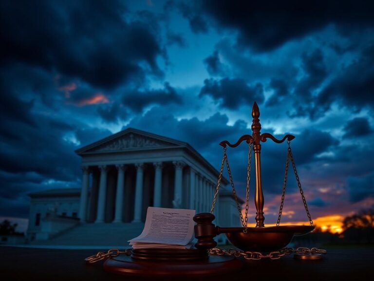 Flick International Supreme Court building against a twilight sky with scales of justice