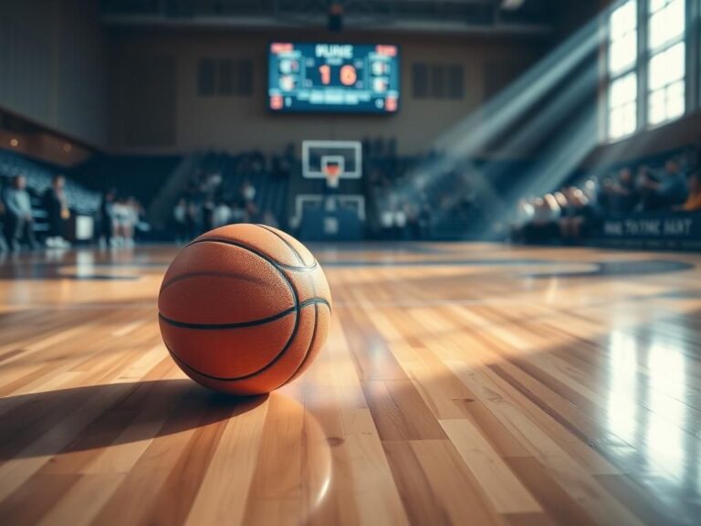 Flick International A solitary basketball resting on a polished wooden gym floor with reflections of overhead lights