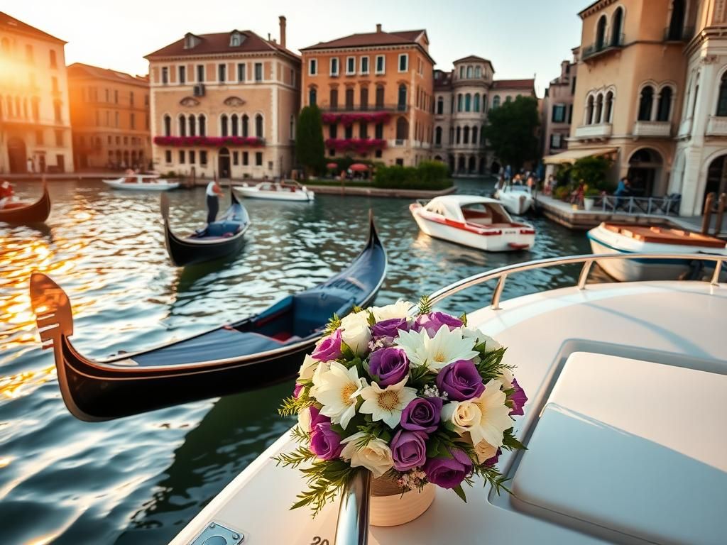 Flick International A picturesque Venetian scene featuring gondolas and historic buildings adorned with flowers
