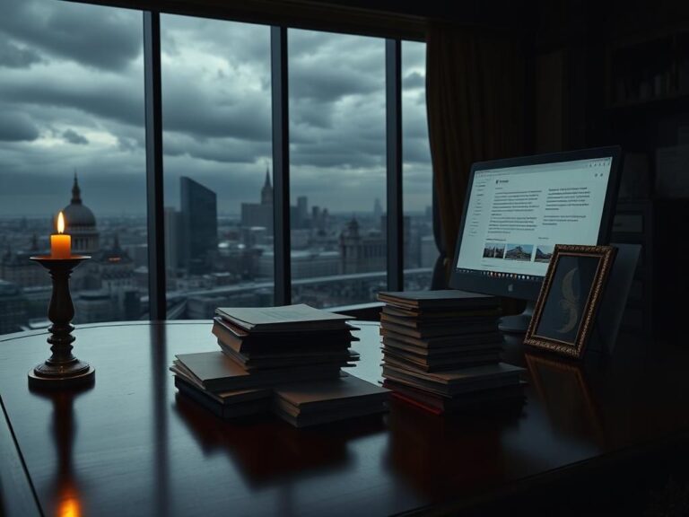 Flick International Dimly lit opulent office with ominous documents and London skyline view