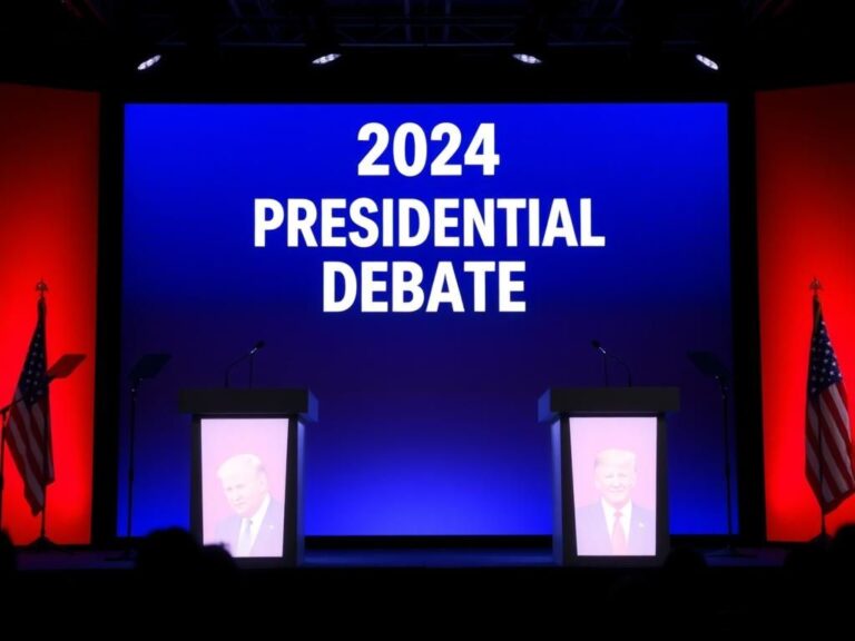 Flick International Dimly lit debate stage featuring Trump and Biden at the 2024 Presidential Debate.