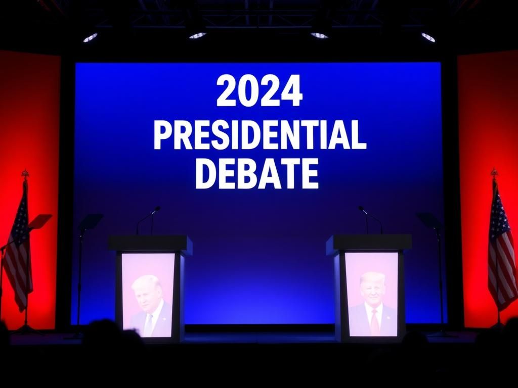 Flick International Dimly lit debate stage featuring Trump and Biden at the 2024 Presidential Debate.