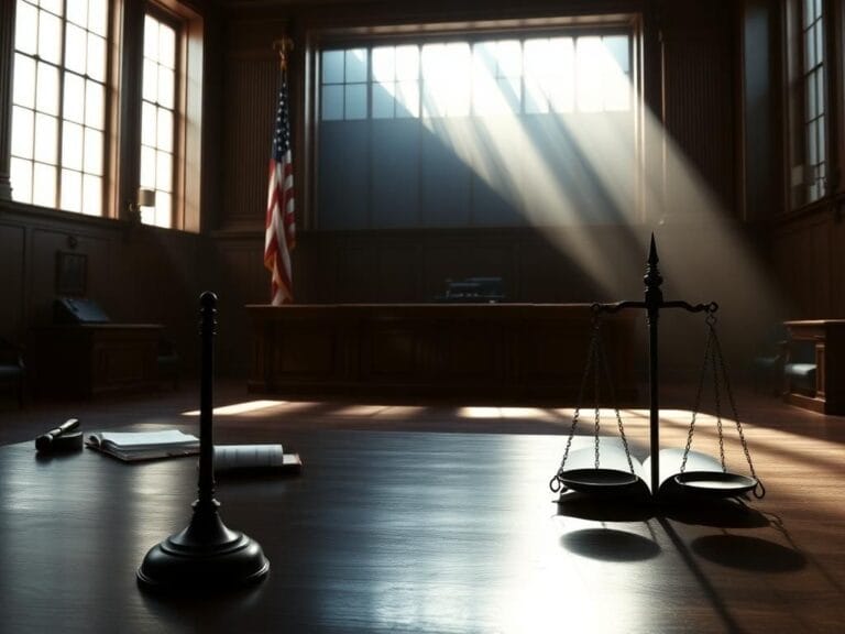 Flick International Dramatic courtroom scene with judge's bench and gavel