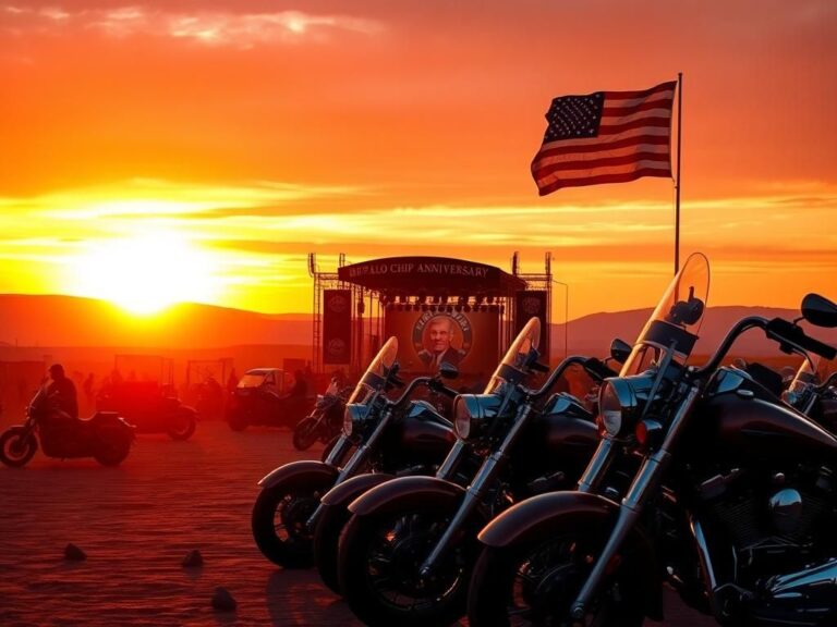 Flick International Vibrant sunset over Buffalo Chip campground with classic motorcycles