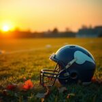 Flick International A Minnesota Vikings helmet resting on a football field at dusk, symbolizing NFL legend Jim Marshall's legacy.