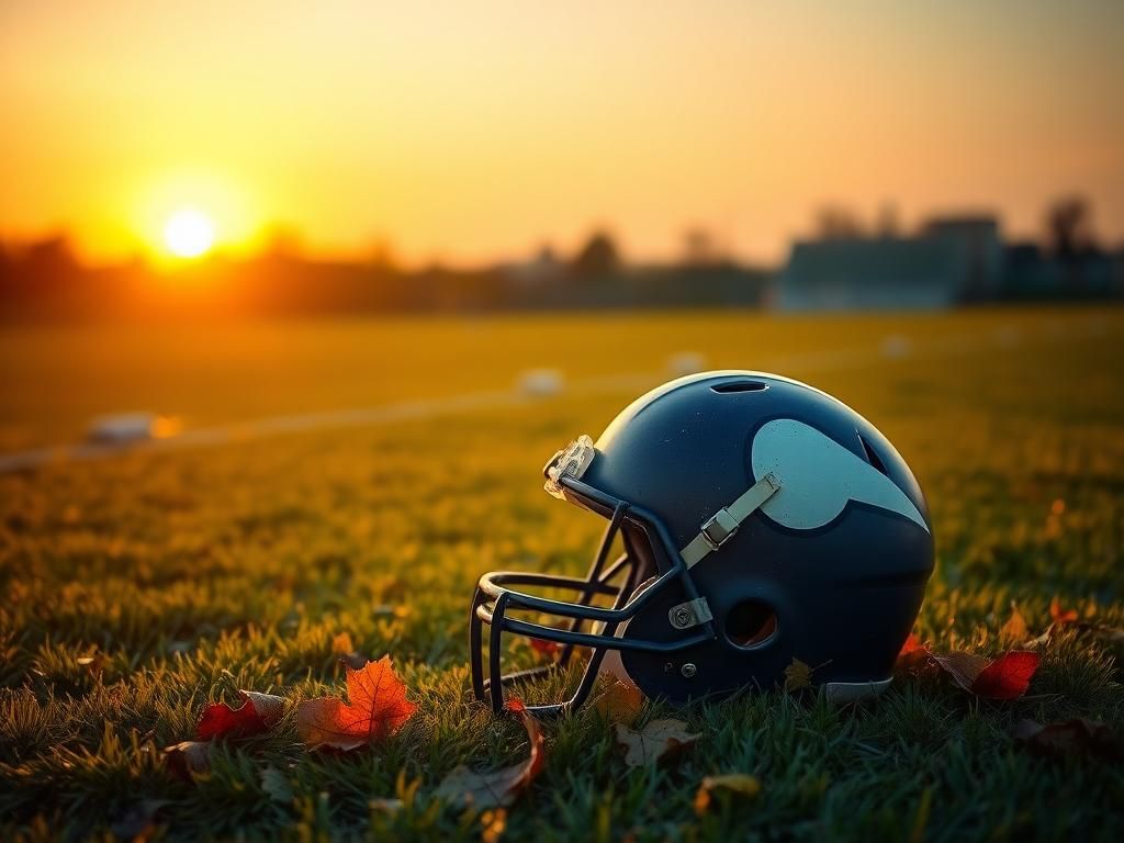 Flick International A Minnesota Vikings helmet resting on a football field at dusk, symbolizing NFL legend Jim Marshall's legacy.