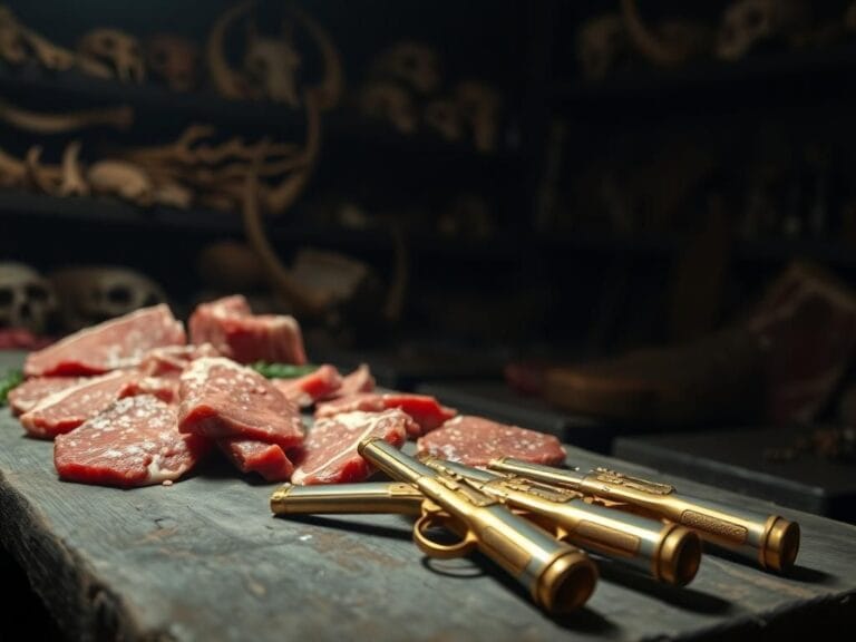 Flick International A dimly lit raw meat preparation area showcasing cuts of liver and meats on a rustic table