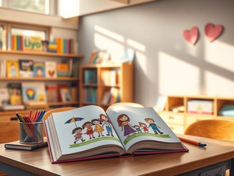 Flick International A colorful open book featuring diverse characters representing LGBTQ themes on a wooden classroom desk