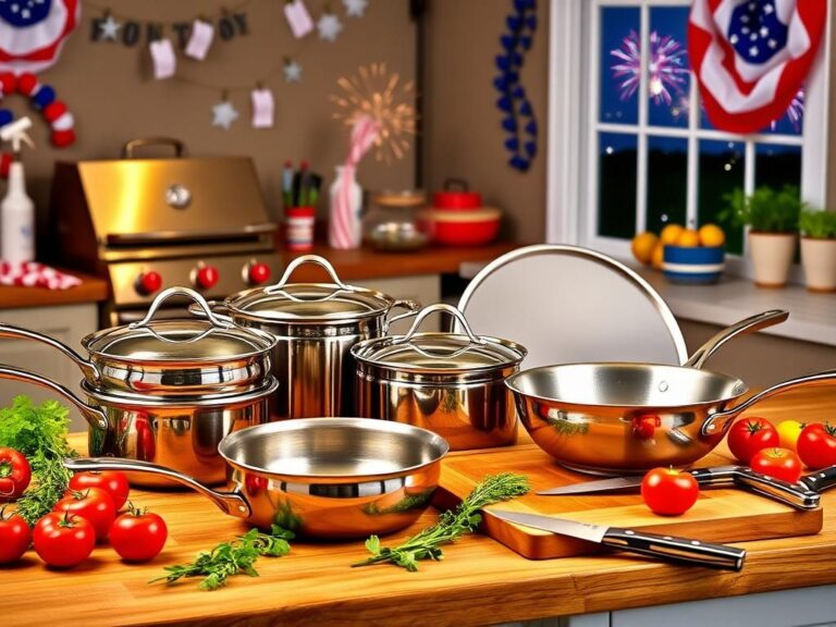Flick International A vibrant fourth of July themed kitchen scene with HexClad cookware and accessories.