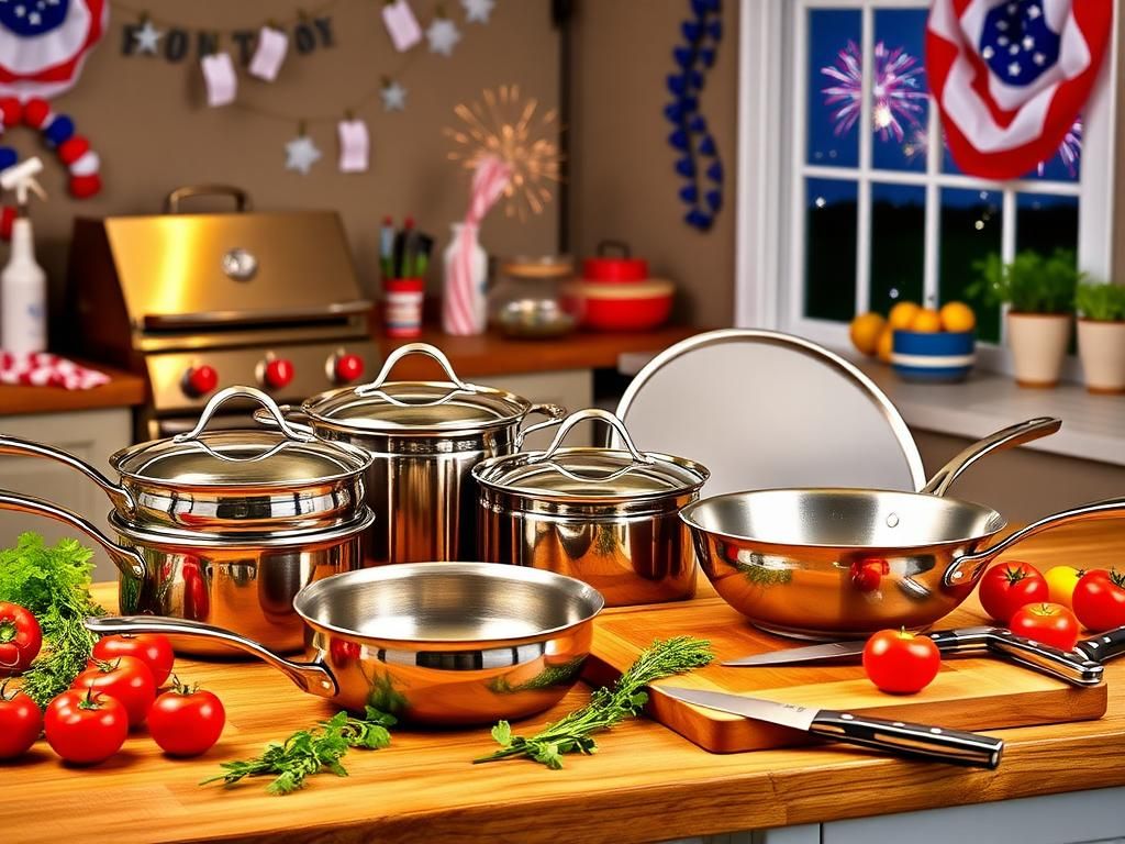 Flick International A vibrant fourth of July themed kitchen scene with HexClad cookware and accessories.