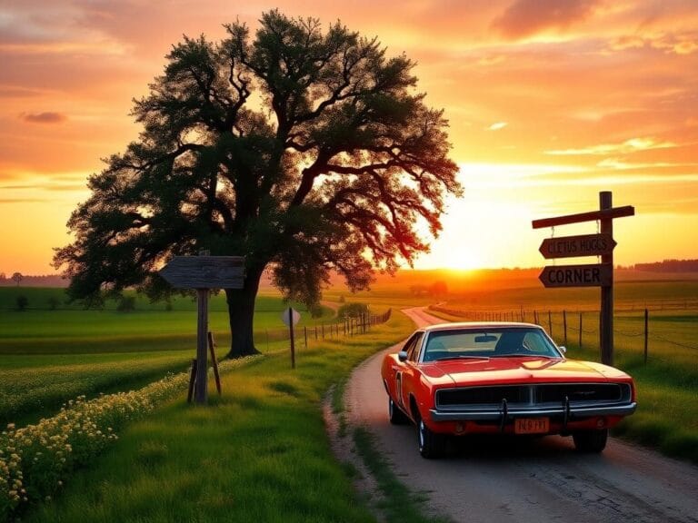 Flick International Sunset over a rural landscape with a vintage orange car reminiscent of the General Lee