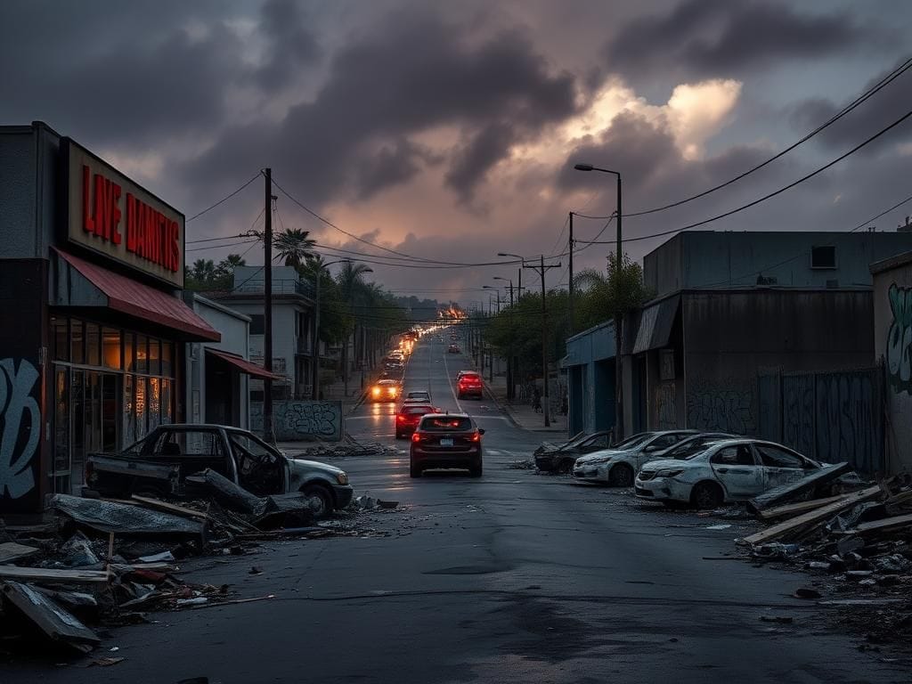Flick International Aftermath of violent anti-ICE riots in Los Angeles, showcasing debris and chaos