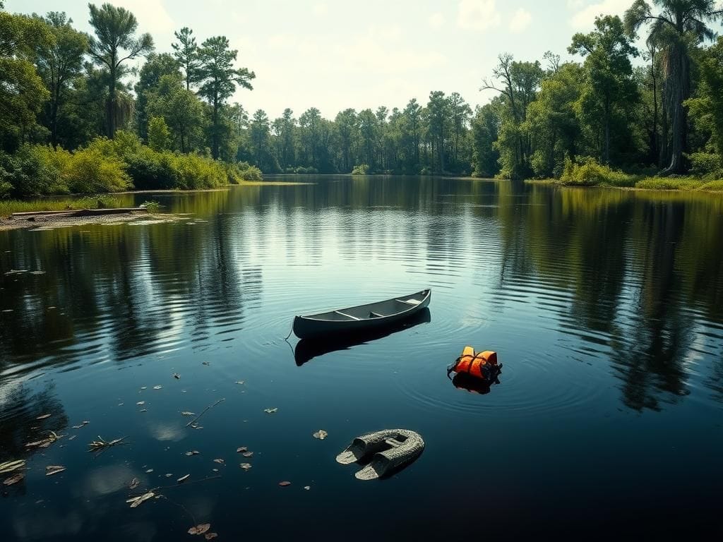 Flick International Canoe fragments and a life vest floating on a lake in Florida, symbolizing a tragic alligator attack incident.