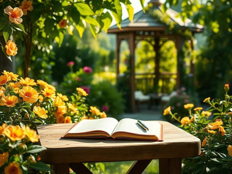 Flick International A serene garden setting with vibrant flowers and a rustic table representing personal reflection