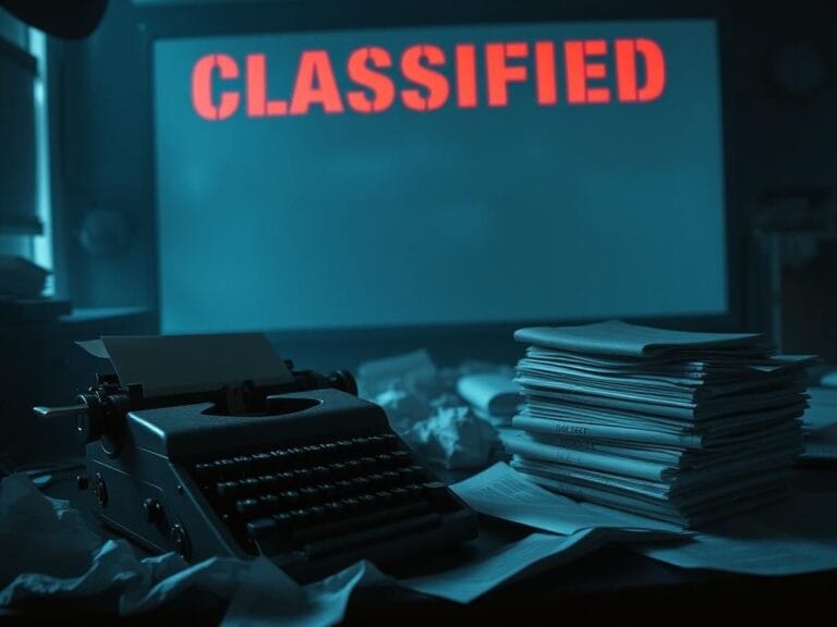 Flick International Dimly-lit newsroom with an old-fashioned typewriter and a screen displaying 'CLASSIFIED'