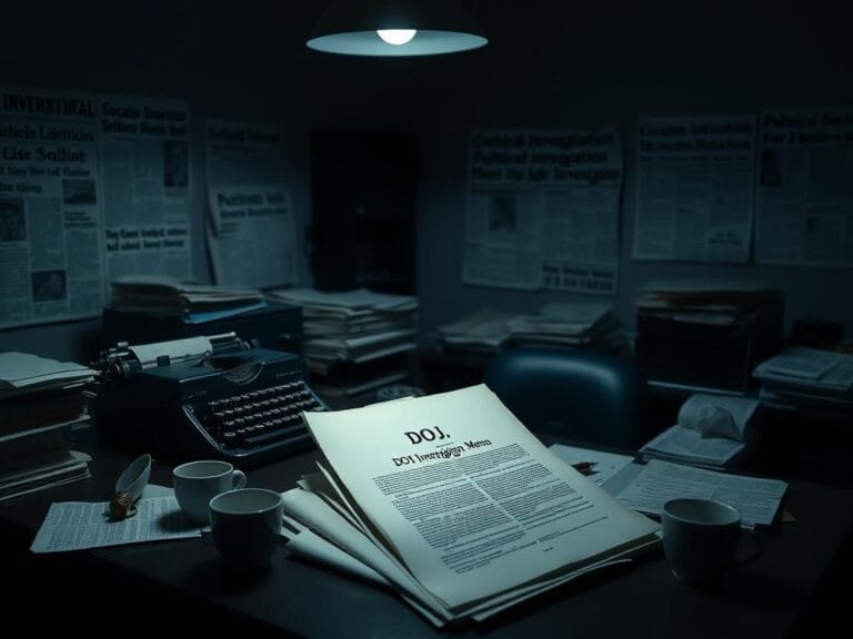 Flick International Dark office setting with legal documents and vintage typewriter under a single light