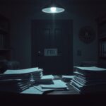 Flick International Dimly lit FBI office with confidential documents and a classified sign