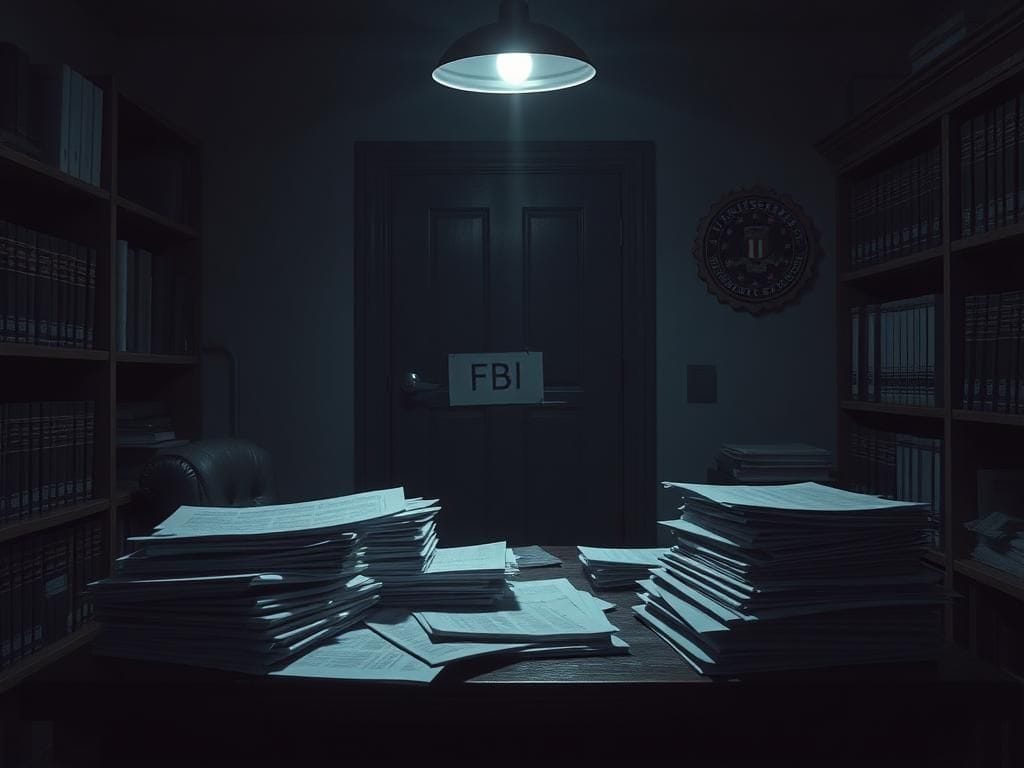 Flick International Dimly lit FBI office with confidential documents and a classified sign
