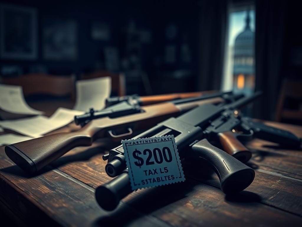 Flick International An artistic arrangement of firearms on a rustic wooden table with a tax stamp