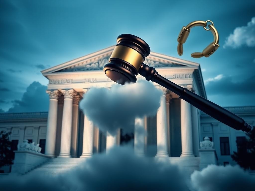 Flick International A grand marble building symbolizing the Supreme Court with soft dramatic lighting and a raised gavel in the foreground