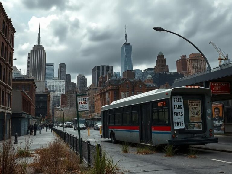 Flick International A dramatic cityscape of New York City with ominous clouds looming over iconic skyscrapers and a dilapidated street.